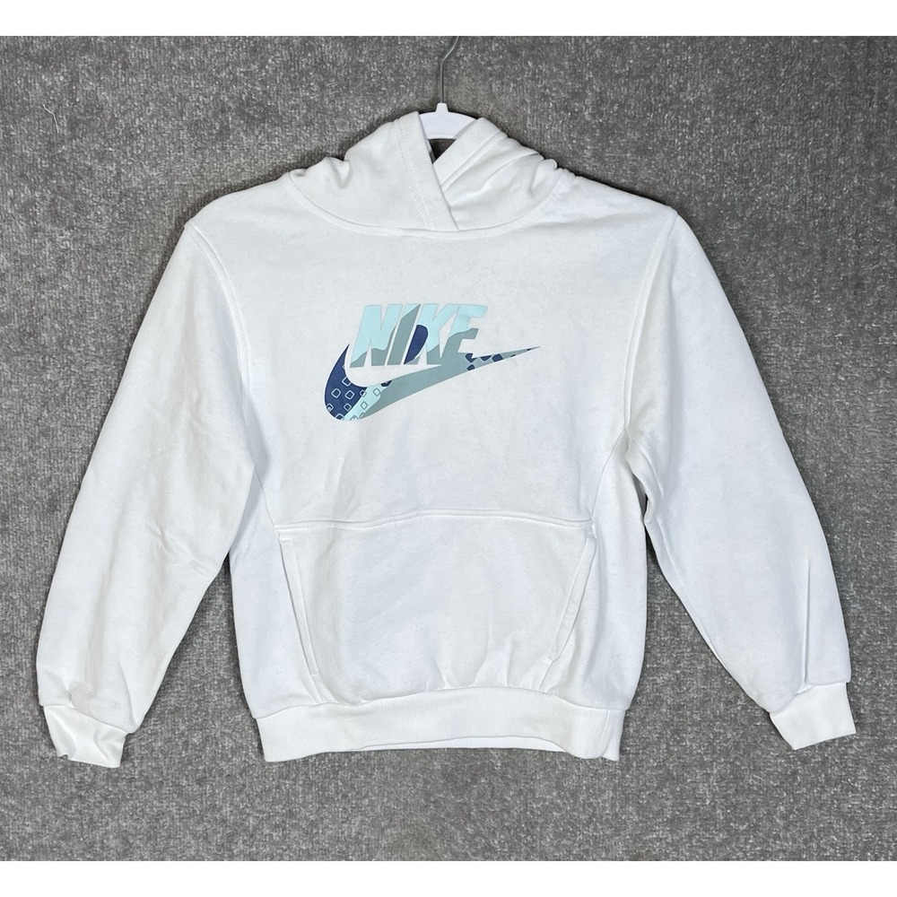 Nike Swoosh Hoodie Boys Size Medium White Long Sleeve Pullover Kangaroo Pocket